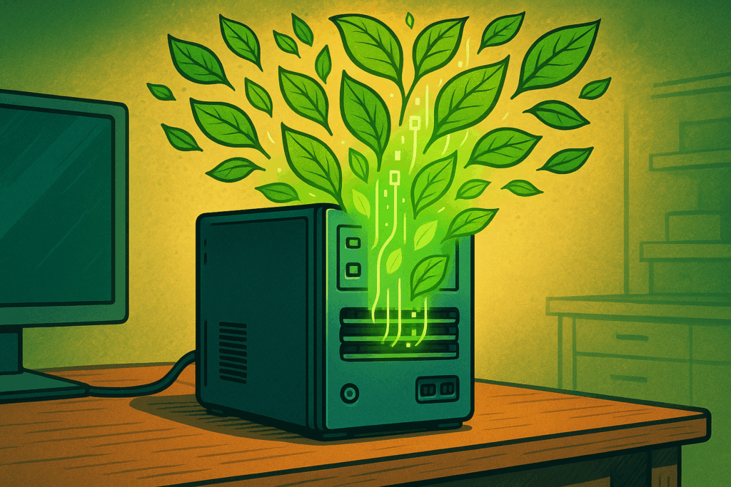 Illustration eines Computers, aus dessen Lüftungsschlitzen grüne Blätter und Datenströme steigen – Symbol für Green-IT und Nachhaltigkeit.