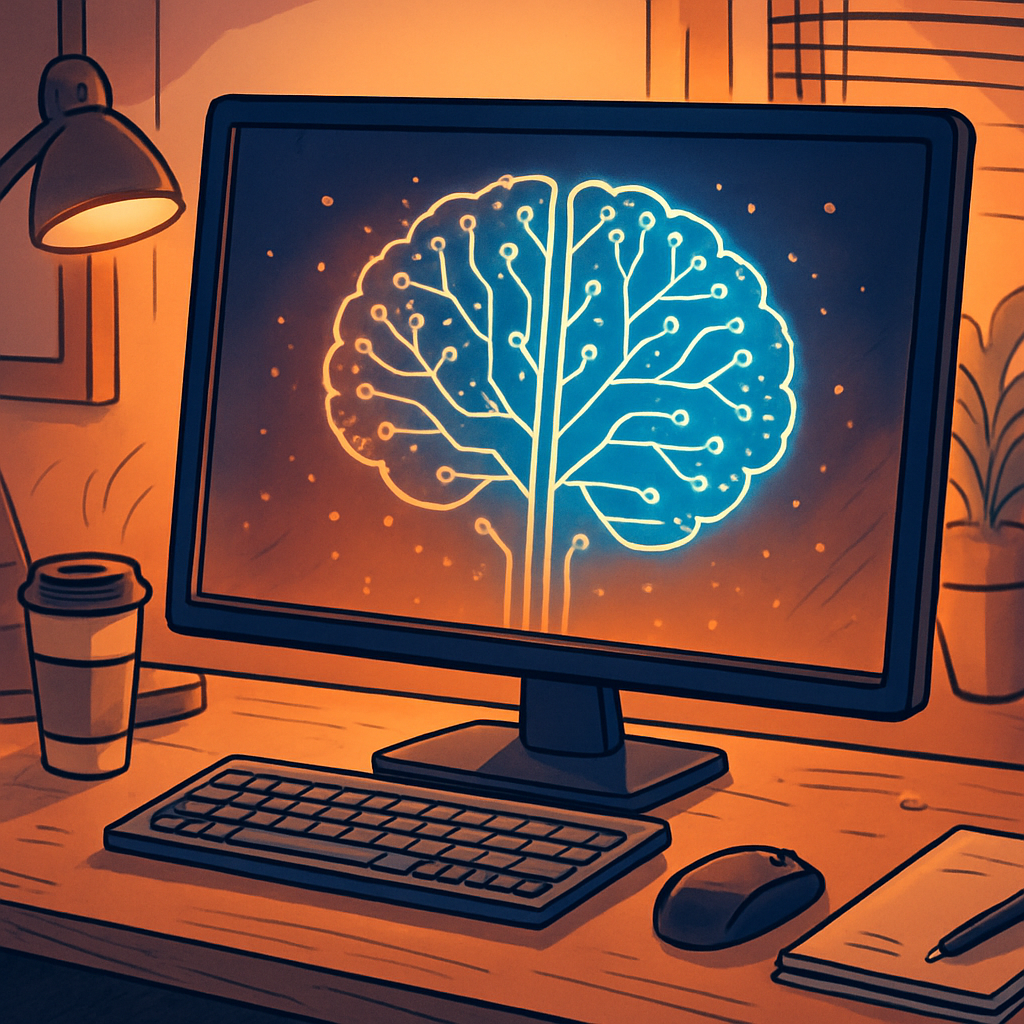 IT-Arbeitsplatz mit Bildschirm, der KI als neuronales Netzwerk symbolisiert