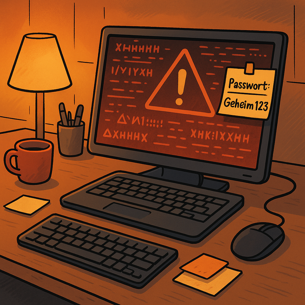Laptop am IT-Arbeitsplatz mit Notizzettel: Passwortsicherheit visualisiert